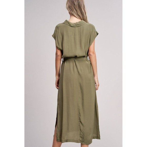 No Rest for Briget Arrays Shirt Dress M Olive Green Midi Sleeveless Belt Buttons - Picture 9 of 16